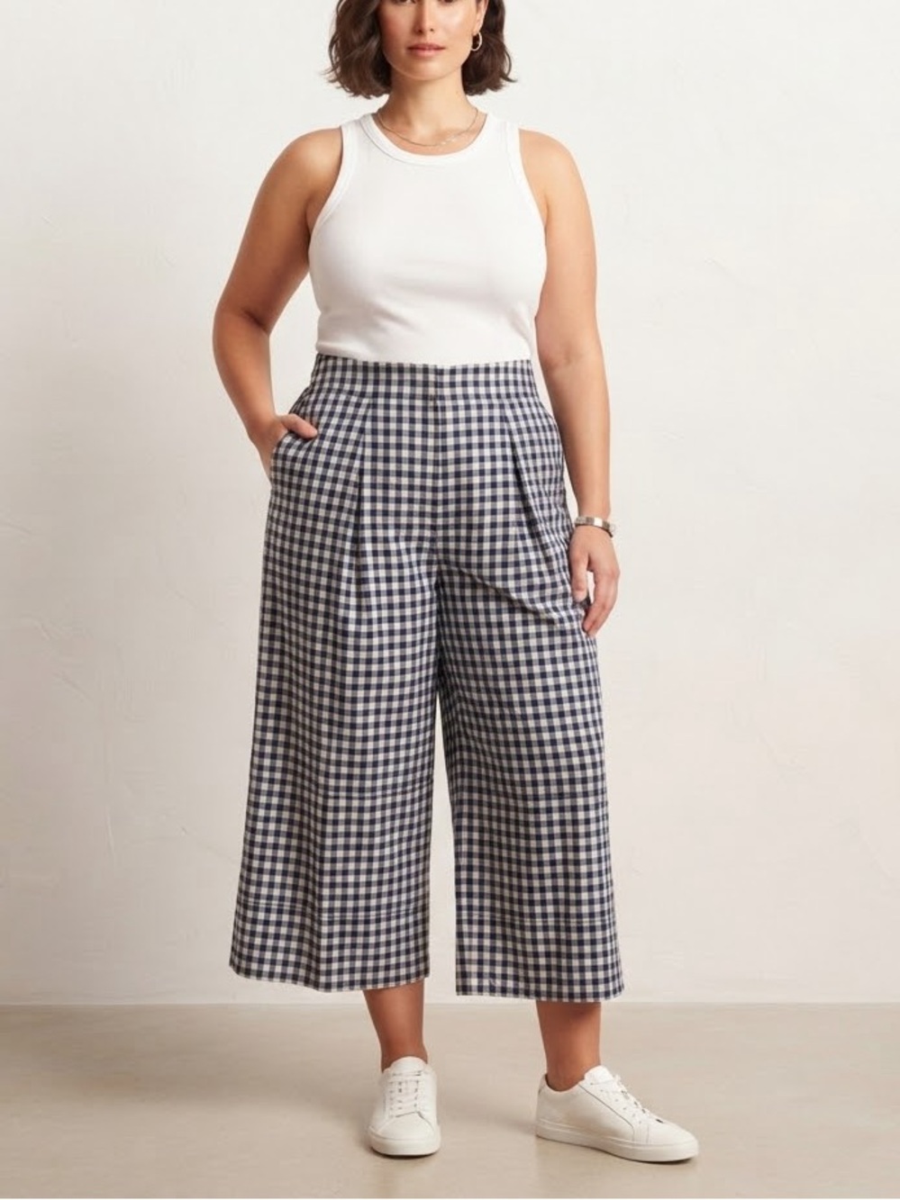 Wide-Leg Gingham Jeans in Navy & White